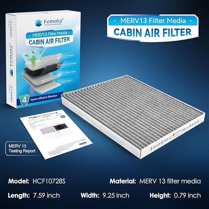Certified MERV 13 Cabin Air Filter with Activated Carbon, CF10728 for Hyundai Accent, Elantra, Elantra Coupe, Elantra GT, Kia Forte, Forte Koup, Forte5.