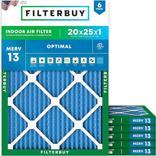 Filterbuy 20x25x1 Air Filter MERV 13 Optimal Smoke & Allergy Defense (6-Pack), Electrostatic Pleated HVAC AC Furnace Filters Replacement (Actual Size: 19.50 x 24.50 x 0.75)