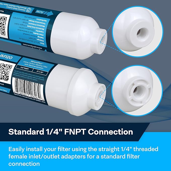 SpiroPure SP-IM120 Inline Alkaline Carbon Water Filter, MineralPlus Remineralization Filter with 1/4" FNPT 2” x 10”, Remineralizing for RO System, Refrigerators (1 Pack)