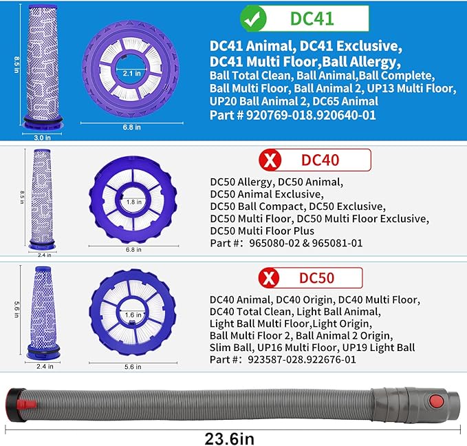 Leadaybetter DC41 Hose Replacement Part For Dyson DC41, DC65, DC66, UP13, UP20 Upright Vacuum Cleaner, Ball Animal 2 Filter Replacements, Compare to Part 920769-01&920640-01 (DC41 Series Hose+Filter)