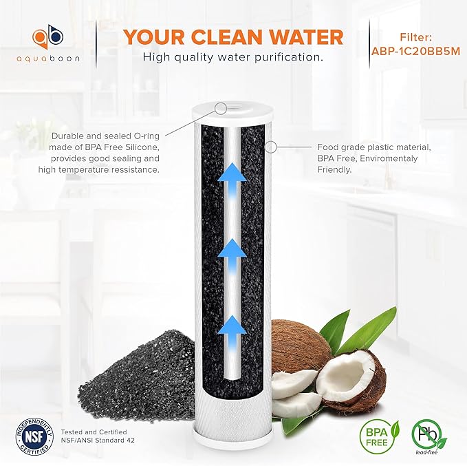 Aquaboon 5 Micron 20 x 4.5 Whole House Water Filter Replacement Cartridge Carbon Block Chlorine Reduction for 1-Stage Water Filtration System 6 Pack