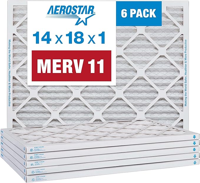 Aerostar 14x18x1 MERV 11 Air Filter, Pleated AC Furnace HVAC Filters (13.75x17.75x0.75), for Allergies Asthma Dust Pet Dander Smoke Bacteria Viruses, MPR 1500 FPR 10, USA, 6 Pack