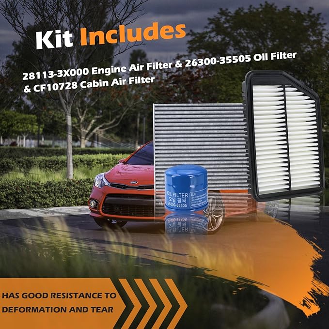 28113-3X000 Engine Air Filter & 26300-35505 Oil Filter & CF10728 Cabin Air Filter Fits for 2011-2016 Hyundai Elantra 2014-2018 Kia Forte