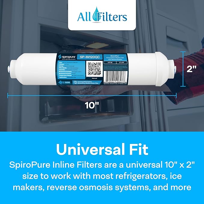SpiroPure SP-IM120QC Inline Alkaline Carbon Water Filter, MineralPlus Remineralization, 1/4" Quick-Connect 2” x 10”, Remineralizing for RO System, Refrigerators (1 Pack)