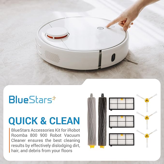 BlueStars Replacement Accessories Parts Kit for iRobot Roomba 800 900 Series 805 860 870 871 880 890 960 Robot Vacuum Cleaner | 1 Debris Extractor 3 HEPA Filters 3 Side Brushes - Extra Screws