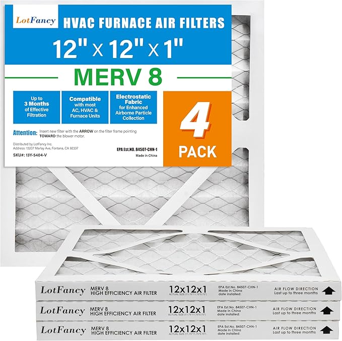 LotFancy 12x12x1 Air Filter MERV 8 4-Pack, Electrostatic Pleated Furnace & AC Filter, Captures Dust, Pet Hair, Pollen, Actual Size: 11.75"x11.75"x0.75"