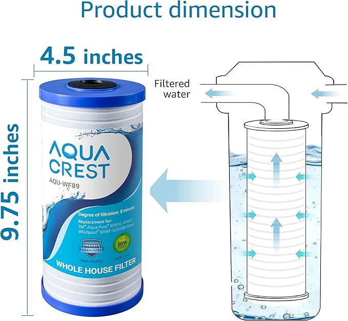 AQUA CREST AP810 Whole House Water Filter Replacement for 3M® Aqua-Pure AP810, AP801, AP811, Whirlpool® WHKF-GD25BB, WHKF-DWHBB, 5 Micron, 10" x 4.5", Well & Tap Water Filter, Pack of 2