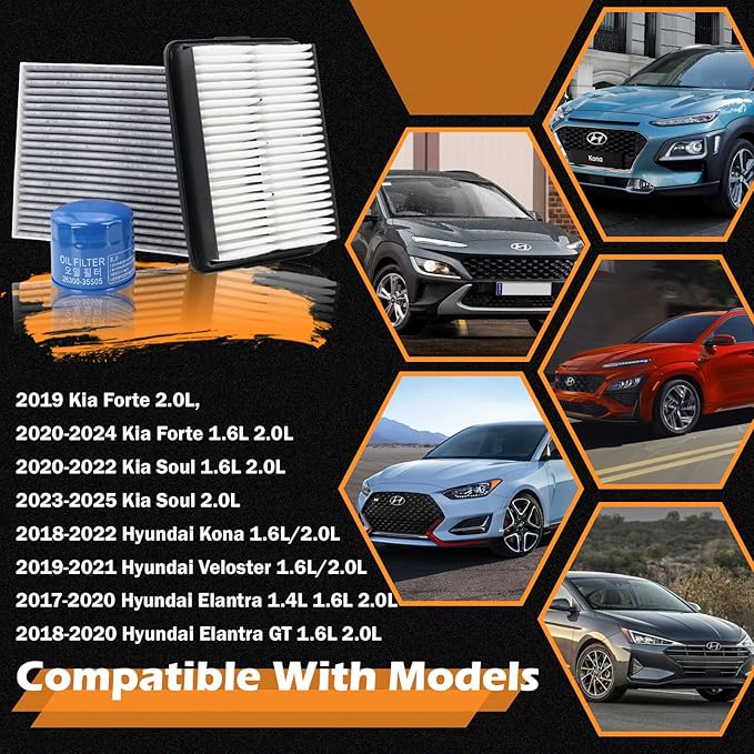 Kefly 28113-F2000 Engine Air Filter & 26300-35505 Oil Filter & 97133-D1000 Cabin Air Filter Fits for 2020-2025 Kia Soul, 2019-2024 Forte, 2018-2023 Hyundai Kona, 2019-2021 Veloster, 2017-2020 Elantra