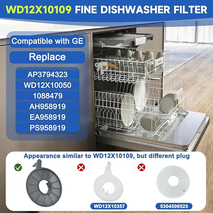 WD12X10109 Dishwasher Filter Compatible with GE PDW8200J03WW ZBD6880K10SS PDW9280J10SS,WD12X10109 Dishwasher Screen Filter Replace AP3794323 WD12X10050 1088479 AH958919 EA958919 PS958919