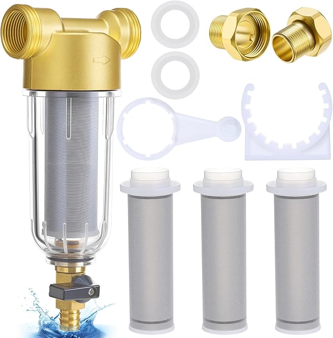 WILLBOND 3/4" Spin Down Sediment Water Filter, 50 & 100 & 200 Reusable House Sediment Filter with 2 Adapters, for Home & Commercial Water Pre-filtration System Ideal for Home Owners, DIY Enthusiasts