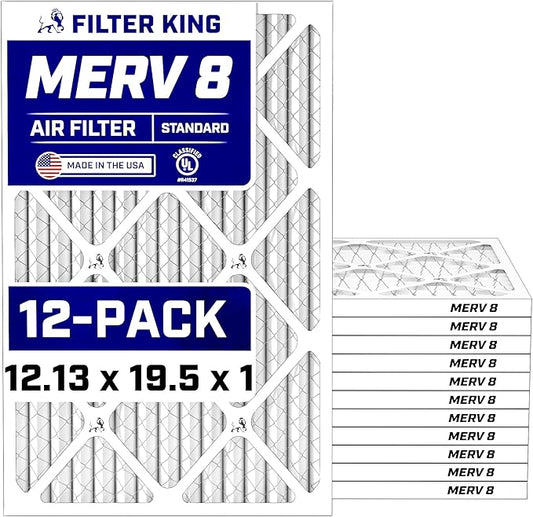 Filter King 12.13x19.5x1 Air Filter (MERV 8) (12-Pack) Dust & Allergy Control AC Furnace Filters, MADE IN USA, HVAC, Pleated, Electrostatic (Actual Size: 12.13 x 19.5 x .75)