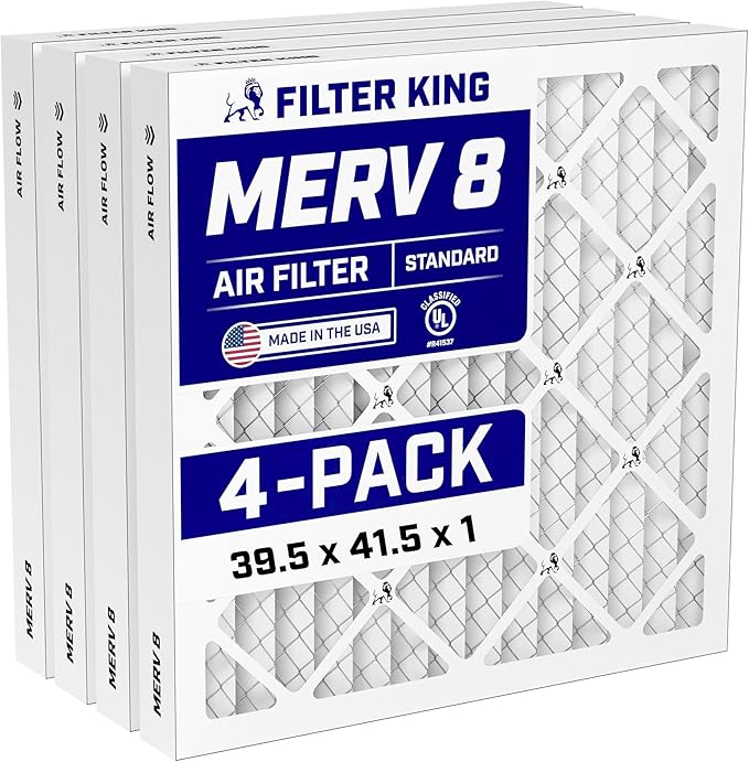 Filter King 39.5x41.5x1 Air Filter (MERV 8) (4-Pack) Dust & Allergy Control AC Furnace Filters, MADE IN USA, HVAC, Pleated, Electrostatic (Actual Size: 39.5 x 41.5 x .75)