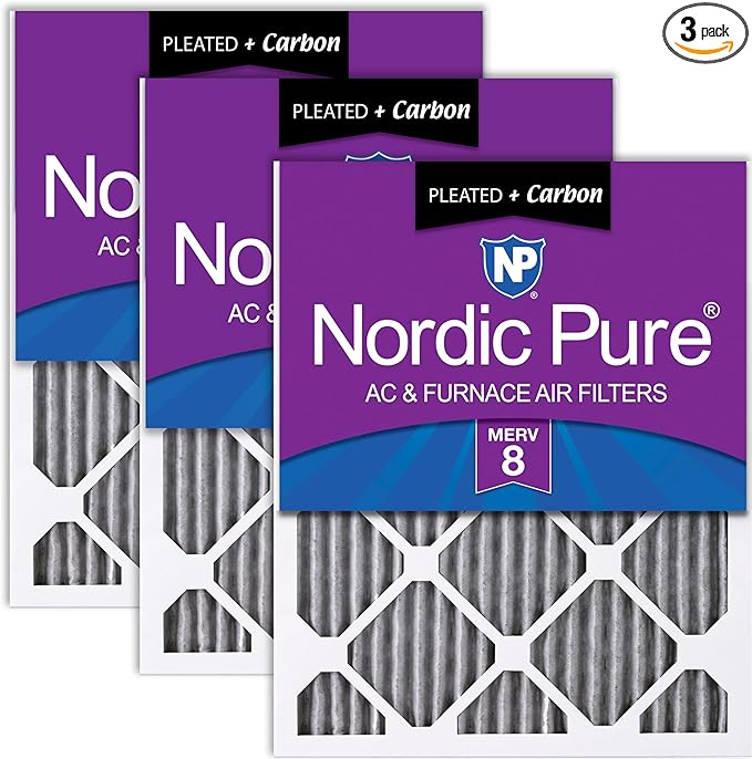 Nordic Pure 14x25x1 (Actual Size: 13 1/2 x 24 1/2 x 3/4) Furnace Air Filters MERV 8 Pleated Plus Carbon 3 Pack