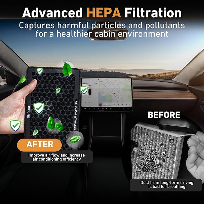HEPA Cabin Air Filters for Tesla Model 3 & Model Y Air Filters with Activated Carbon, 3 Stage Filtration, and Foam Seal Gasket (2 Pack) - Fits All Model Years and Trims 2016-2026 - EveryAmp