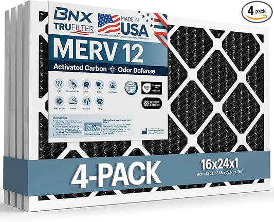 BNX TruFilter 16x24x1 MERV 12 Odor Defense (4-Pack) AC Furnace Air Filter with Activated Carbon - MADE IN USA - Pleated Air Conditioner HVAC AC Furnace Filters - Removes Odor, Mold, Bacteria, Smoke
