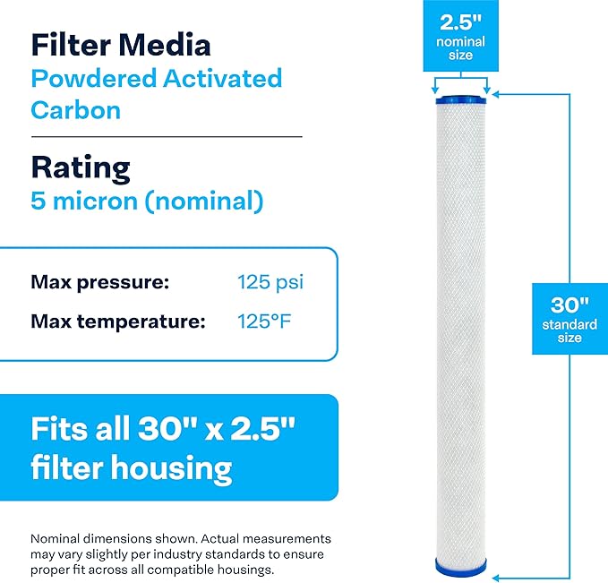 SpiroPure SP-EP-30 30x2.5 5 Micron NSF Certified Coconut Shell Carbon Block Water Filter Cartridge EP-30 155698-43 (Case of 6)