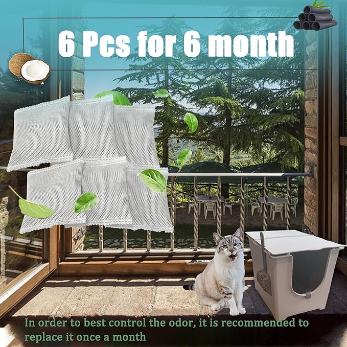 6PCS Activated Charcoal Odor Absorber Bags Compatible with Modkat Flip Cat Litter Box Kit, Natural Freshest Coconut shell Charcoal Bags, Absorb Odors/Control Damp from Pets/Keep Home Fresh