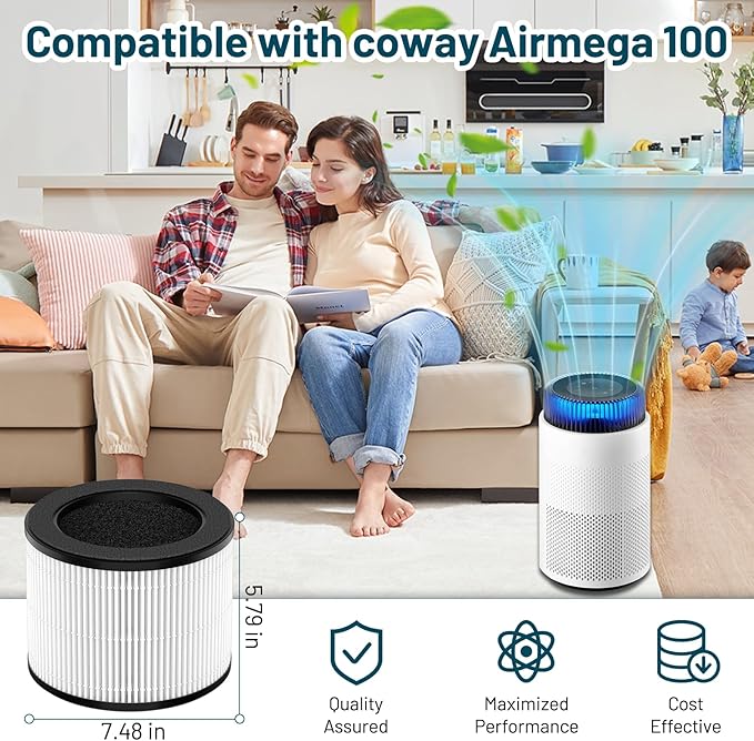 FFsign 100 Filter Replacement Compatible with Coway Airmega 100 Air Puri-Fier, 3-in-1 H13 True Hepa Filter, Deodorization Filter with Activated Carbon, 2 Pack