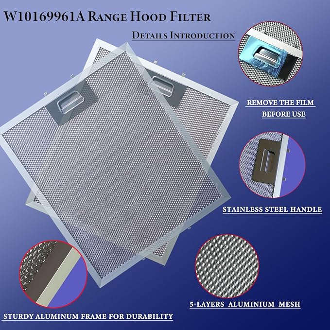 Upgraded W10169961A Range Hood Filter Fit for whirl-pool Range Hood Filter and Samsung Kitchen Aid GE Ikea Thermador etc the stove vent hood filters by size12"x10.5" 2pack