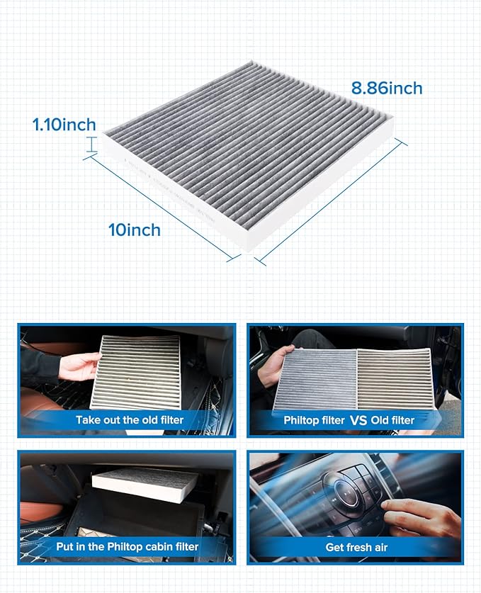 PHILTOP Cabin Air Filter w/Activated Carbon, Compatible with CF12159 Kia Optima 2016-2020, Hyundai Sonata 2016-2019, Genesis G70 2024, Carbon Filter Up Dust Pollen Odor
