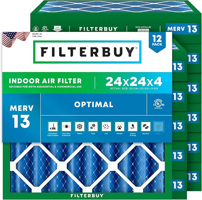 Filterbuy 24x24x4 Air Filter MERV 13 Optimal Smoke & Allergy Defense (12-Pack), Electrostatic Pleated HVAC AC Furnace Filters Replacement (Actual Size: 23.38 x 23.38 x 3.63)