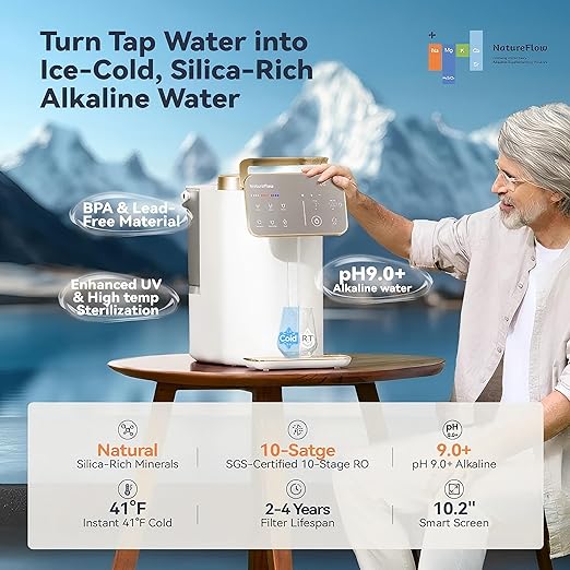 NatureFlow Y60EC Cold Reverse Osmosis Water Mineralization System — Featuring Natural Mineral Activation, 10-Stage RO Filtration, Ultra Dual UV, Alkaline Water,4:1 Pure-to-Drain Ratio