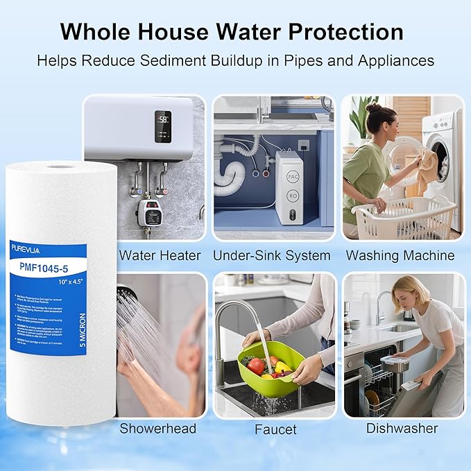 10" x 4.5" Whole House Sediment Water Filter, 5 Micron PP Melt Blown Replacement Cartridge for Well Water, Compatible with GE FXHTC, DGD-5005, RFC-BB, W15-PR, Blue/Clear Housing, 4-Pack