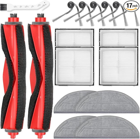 17 Pack Replacement Accessories Kit Compatible with Roborock Q10 S5/Q10 S5+/Q10 X5/Q10 X5+ Robot Vacuum, 2 Main Brush, 6 Side Brush, 4 HEPA Filter, 4 Mop Pads