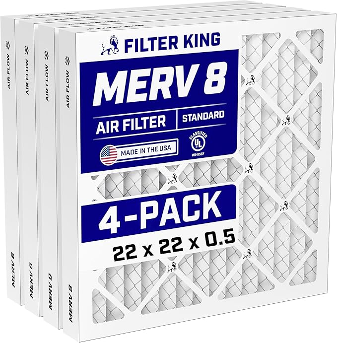 Filter King 22x22x0.5 Air Filter (MERV 8) (4-Pack) Dust & Allergy Control AC Furnace Filters, MADE IN USA, HVAC, Pleated, Electrostatic (Actual Size: 21.5 x 21.5 x 0.5)