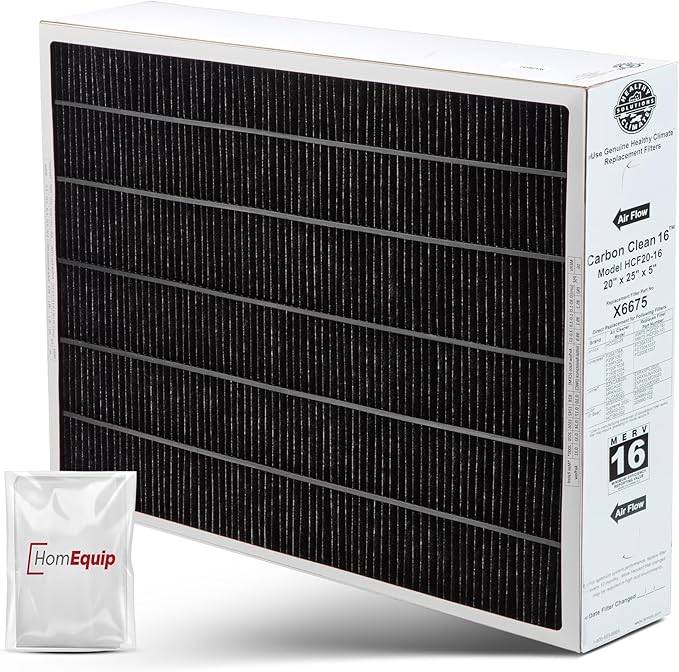 Lennox 20x25x5 Furnace Filter, X6675 Filter Replacement, Merv 16 Carbon Clean with Homequip Disposal Bag 1-Pack (Actual Size: 19.8 x 24.8 x 4.3 Inches)