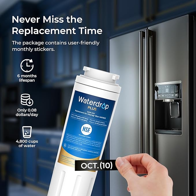 Waterdrop Plus UKF8001 NSF 401,53 Certified Refrigerator Water Filter, 𝐑𝐞𝐝𝐮𝐜𝐞 𝐏𝐅𝐀𝐒, Replacement for Whirlpool® Everydrop® Filter 4, EDR4RXD1, Maytag® UKF8001AXX, 4 Filters