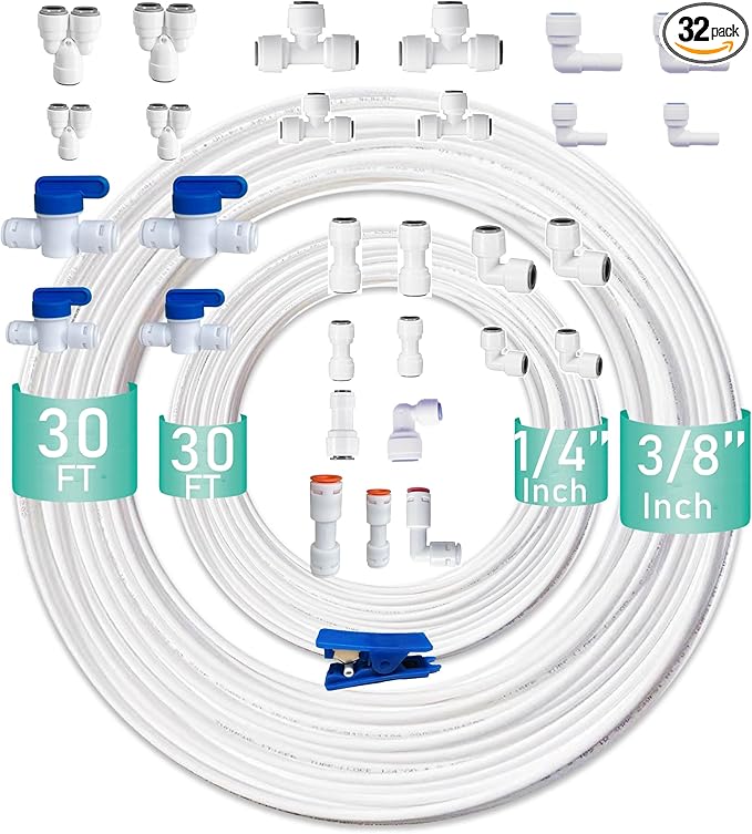 NSF Certified 1/4" & 3/8"O.D. Water Line Tubing and Push to Connect Fittings for RO (Reverse Osmosis) Water Filter 30 pcs+30 feet 1/4" tubing+30 feet 3/8" tubing.