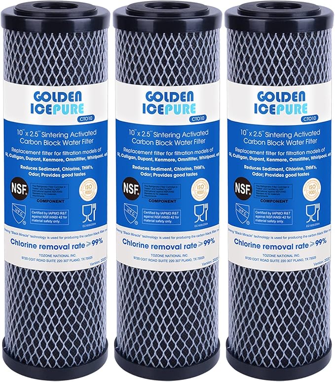 GOLDEN ICEPURE CTO10, 1 Micron 2.5" x 10" Whole House CTO Carbon Sediment Water Filter Compatible with Dupont WFPFC8002, WFPFC9001, FXWTC, Culligan P5-D, WHCF-WHWC, D-10A, DWC30001, SCWH-5, 3PACK