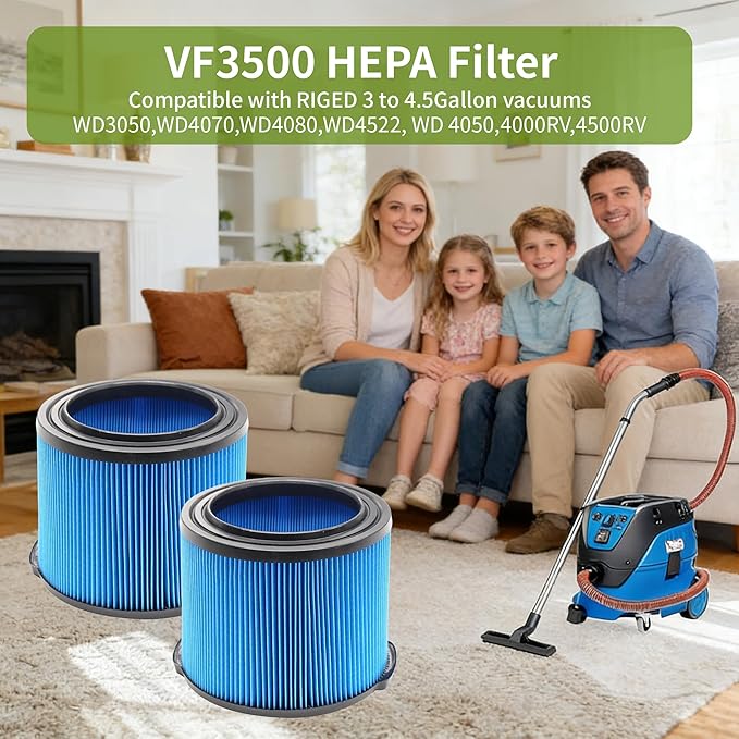 2 Pack Wet Dry Vac Filter VF3500 3 Layer Fine Filter, Half Height Replacement V3500 Filter for 3-4.5 Gallon Vacs WD3050 WD4050 WD4070 WD4522 4000RV 4500RV