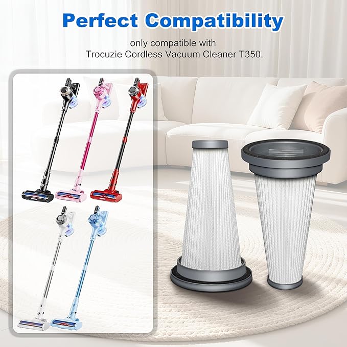6 Pack T350 HEPA Filter Attachment Replacement Compatible with Trucozie T350 Cordless Lightweight Stick Vacuum Cleaner, 6 HEPA Filters, 1 Cleaning Brush