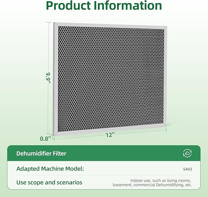 5443 Washable Dehumidifier Filter MERV 8 Compatible with Aprilaire Whole-House Dehumidifiers Models 1830 1850 1852 and Ventilation Models 8191 8192,10x12x1,2 Pack