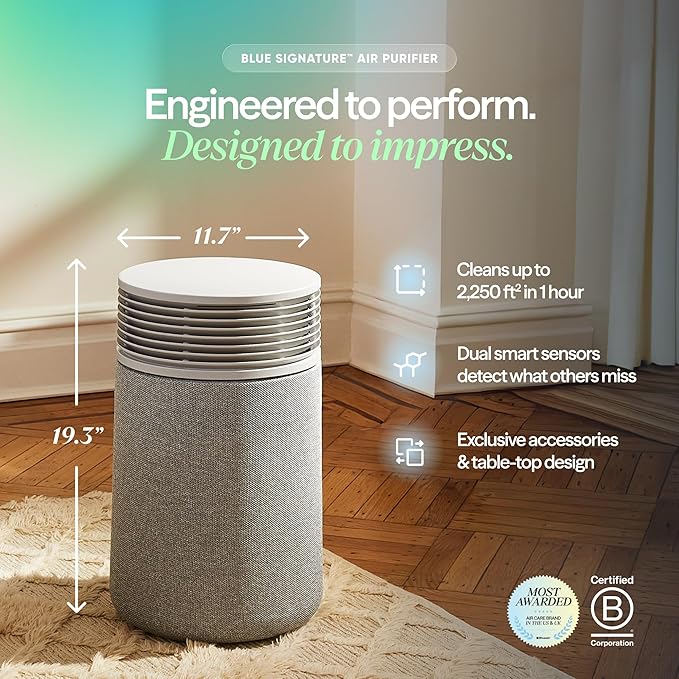 BLUEAIR Blue Signature SP3i Air Purifier for Medium Rooms up to 498 sq ft, HEPASilent Filtration, WiFi Smart Control, Auto Mode, Odor & Smoke Removal, Pet Hair & Dust, AHAM Verified, Table Design