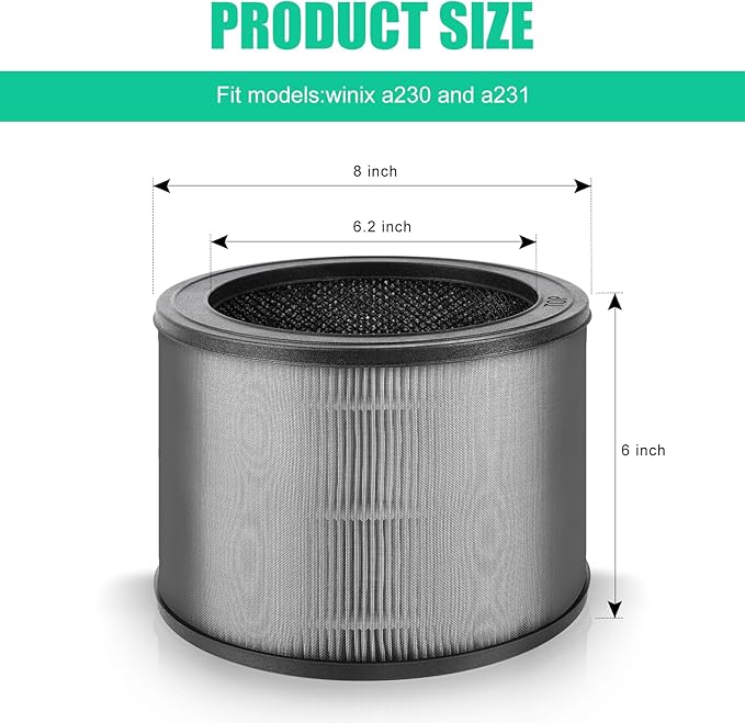 2PCS A231 Filter Replacement Size O Replacement for Winix A231 and A230 Air Purifier, 3-in-1 H13 True HEPA with Activated Carbon Filter Compatible with Part 1712-0110-00, 1712-0100-00