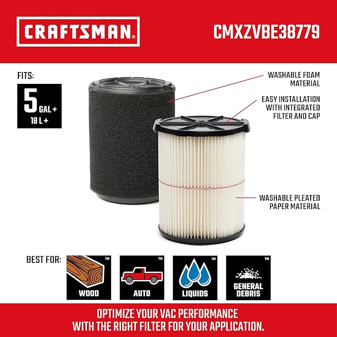 CRAFTSMAN CMXZVBE38779 Genuine General Purpose and Wet Application Wet Dry Vac Replacement Vacuum Filters for Most 5 to 20 Gallon CRAFTSMAN Shop Vacuums, Easy Installation, Liquid and Dry Pick-ups