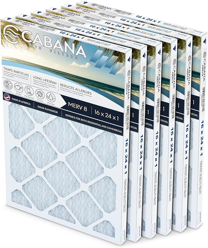 Cabana Filters 6-Pack 16x24x1 MERV 8 AC Furnace Air Filter for Home and Office - Indoor HVAC System Filtration Replacement, Captures Unwanted Particles