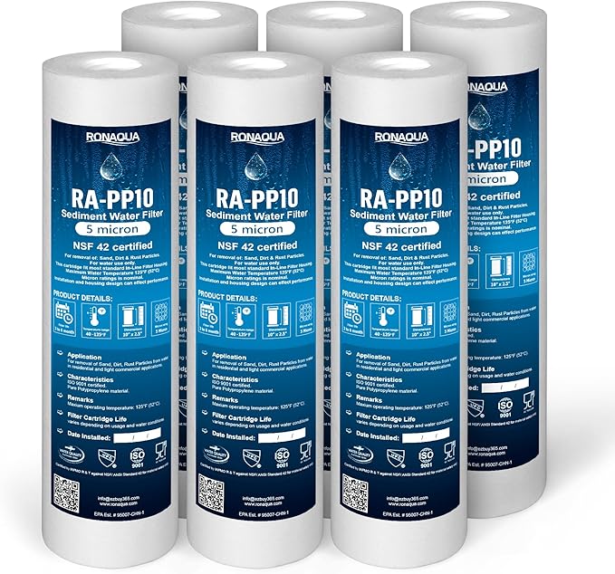 Ronaqua 5 Micron Sediment Water Filter Cartridge 10"x2.5", NSF Certified, 4-Layer Filtration for any 10-inch RO Units & Whole House Systems, Compatible with Culligan P5, AP110, WHKF-GD05, 6 Pack