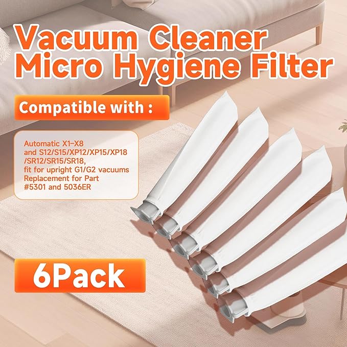 6-Pack Micro Hygiene Filter Compatible With Automatic X & Essential G1 G2 Upright Vacuums and Windsor Sensor S12 S15 XP SR Series, Replacement Part for #5301 5036ER