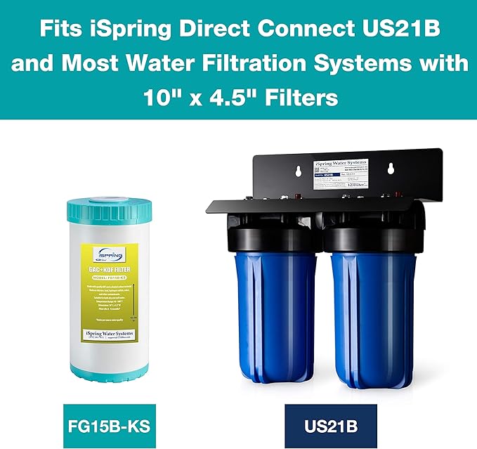 iSpring FG15B-KS Premium Quality Super Capacity GAC and KDF Carbon Filter Replacement Cartridge for Direct Connect Under Sink Water Filtration System US21B & US21B-CPB, 10” x 4.5”