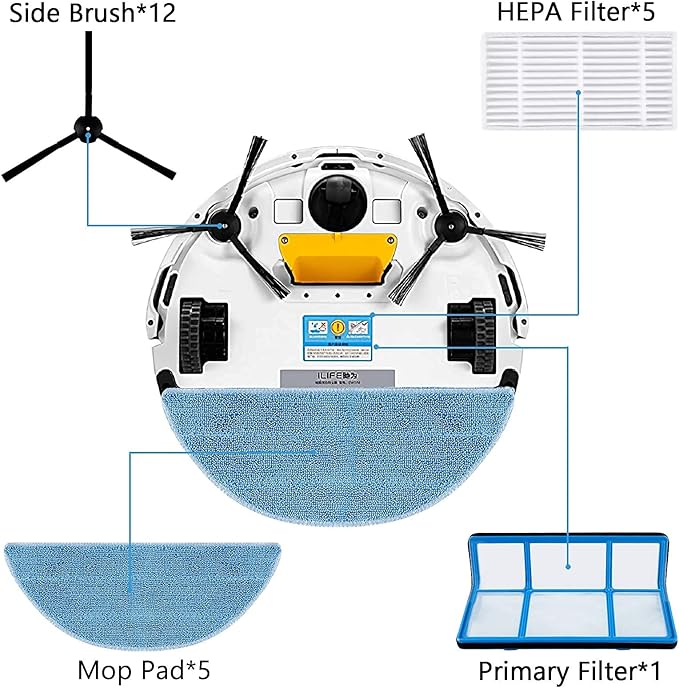 KEEPOW 24 Pack Replacement Part Accessories Kit Compatible with ILIFE V3 V3s V3s Pro V5s V5s Pro Robot Vacuum Cleaner, 12 Side Brush + 1 Primary Filter + 5 Microfiber Pad + 5 HEPA Filter