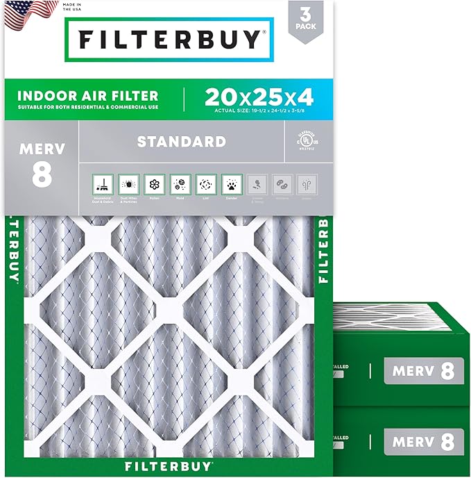 Filterbuy 20x25x4 Air Filter MERV 8 Essential Dust & Allergy Defense (3-Pack), Electrostatic Pleated HVAC AC Furnace Filters Replacement (Actual Size: 19.50 x 24.50 x 3.63)