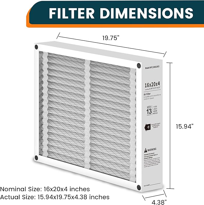 2-Pack 16x20x4 Air Filter Compatible with Honeywell FC100A1003, MERV 13 HVAC Furnace Filter Replacement, Actual Size:15.94"x19.75"x4.38"