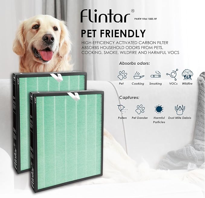 Flintar Vital 100S Toxin/Smoke Absorber Filter, Compatible with LEVOIT Vital 100S Air Purifier, H13 Grade Filtration + Activated Carbon filter, Part # Vital 100S-RF-TX, 2-Pack