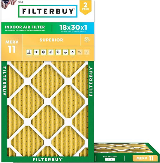 Filterbuy 18x30x1 Air Filter MERV 11 Superior Pet & Allergy Defense (2-Pack), Electrostatic Pleated HVAC AC Furnace Filters Replacement (Actual Size: 17.75 x 29.75 x 0.75)