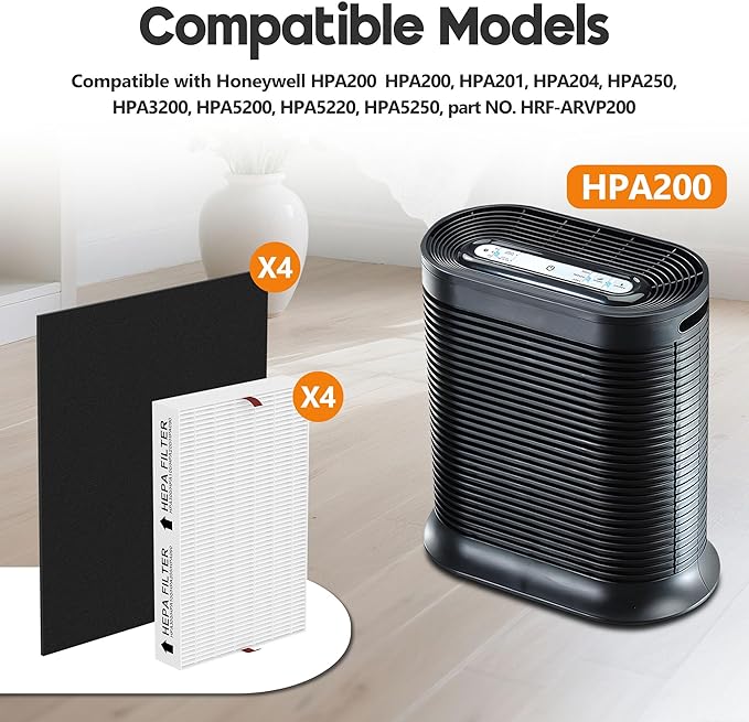 HPA200 Replacement Filter for Honeywell Air Purifi-er HPA200, HPA201, HPA202, HPA204, HPA250, HPA5200, 4 True HEPA R Filter and 4 Activated Carbon Pre-Filter A, 4 Pack