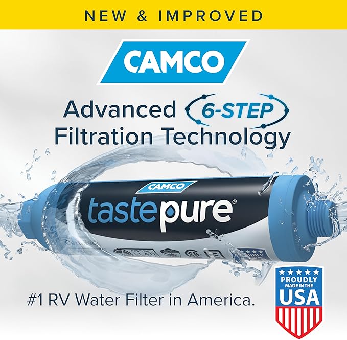 Camco Tastepure RV Water Filter - Advanced 6-Step Patent-Protected Filtration - Camping Essentials for Fresh Drinking Water - 2-Pack of RV Inline Water Filters, Made in USA (40045)